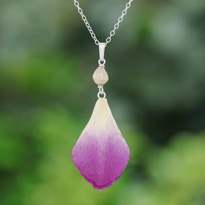 Primary image for Hand Made Orchid Petal Pendant Necklace Bloom Basket in Purple