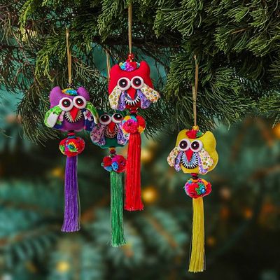 Alternate image for Thai-Inspired Owl-Themed 4-Piece Cotton Blend Ornament Set Owl Veils