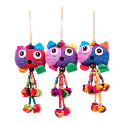 Alternate image for Cat-Inspired Whimsical 3-Piece Colorful Cotton Ornament Set Feline Palette