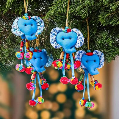 Alternate image for Blue-Toned 4-Piece Cotton Blend Floral Elephant Ornament Set Sky Ears