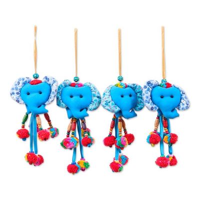 Alternate image for Blue-Toned 4-Piece Cotton Blend Floral Elephant Ornament Set Sky Ears