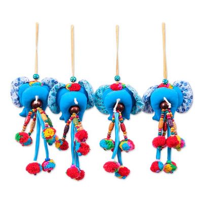 Alternate image for Blue-Toned 4-Piece Cotton Blend Floral Elephant Ornament Set Sky Ears