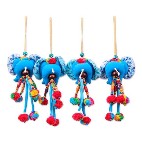 Alternate image for Blue-Toned 4-Piece Cotton Blend Floral Elephant Ornament Set Sky Ears