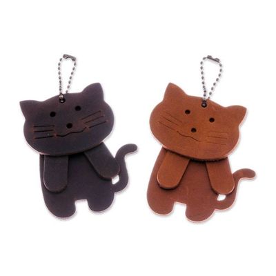 Alternate image for Pair of Leather Cat Keychains in Chocolate and Brown Hues Kind Kitties