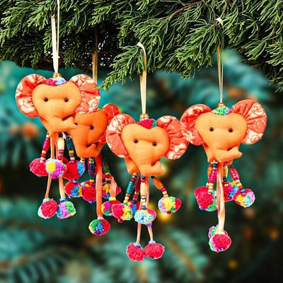 Alternate image for Floral 4-Piece Orange Cotton Blend Elephant Ornament Set Autumn Ears