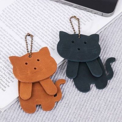 Alternate image for Two Brown and Teal Leather Cat Keychains with Brass Chains Charming Kitties
