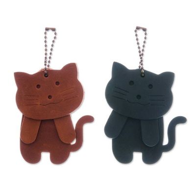 Alternate image for Two Brown and Teal Leather Cat Keychains with Brass Chains Charming Kitties