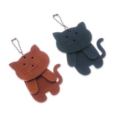 Alternate image for Two Brown and Teal Leather Cat Keychains with Brass Chains Charming Kitties