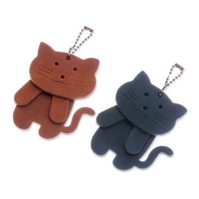 Alternate image for Two Brown and Teal Leather Cat Keychains with Brass Chains Charming Kitties