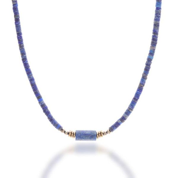 Alternate image for Lapis Lazuli Pendant Necklace with Golden-Hued Hematite Gems Cylindrical Beauty