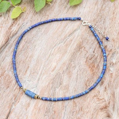 Alternate image for Lapis Lazuli Pendant Necklace with Golden-Hued Hematite Gems Cylindrical Beauty