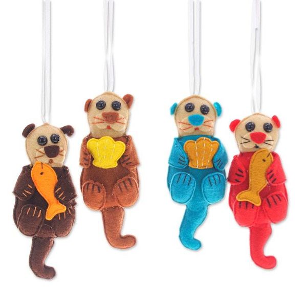 Alternate image for Set of 4 Handcrafted Otter Felt Ornaments in Diverse Hues Colors Otters