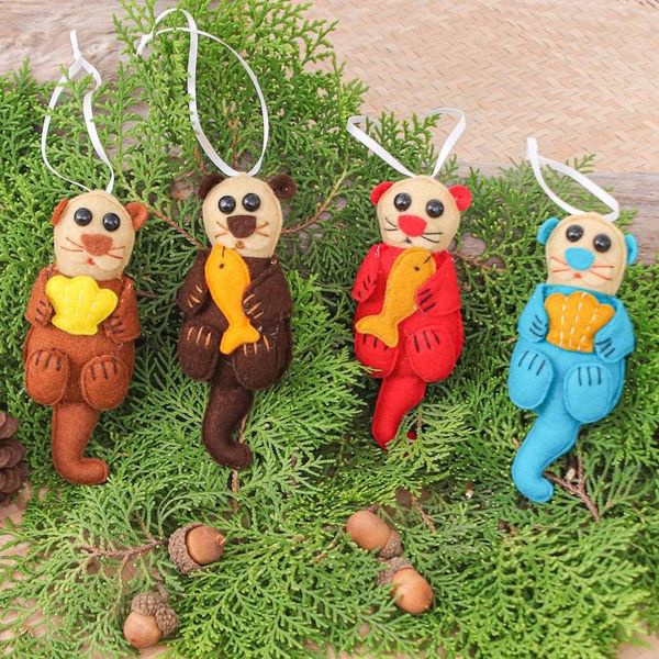 Alternate image for Set of 4 Handcrafted Otter Felt Ornaments in Diverse Hues Colors Otters