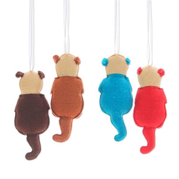 Alternate image for Set of 4 Handcrafted Otter Felt Ornaments in Diverse Hues Colors Otters