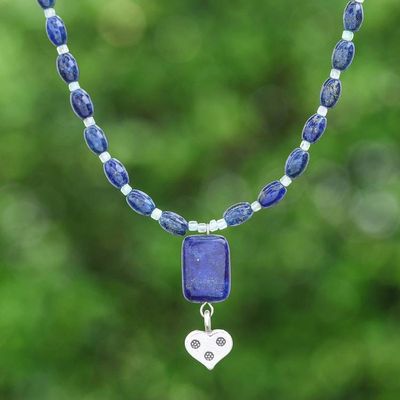 Primary image for Lapis Lazuli Apatite Necklace with 950 Silver Heart Pendant Royal Blue Heart