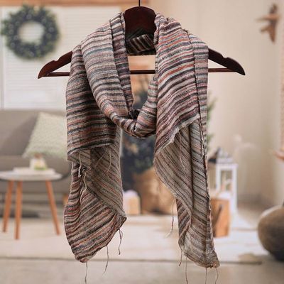 Main image for Batik Hand-Loomed 100 Silk Scarf with Stripes and Fringes Bold Khaki