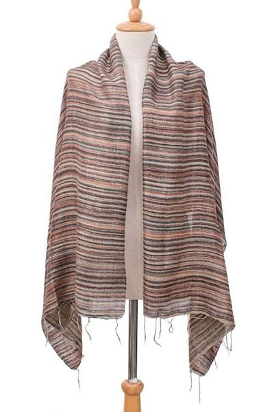 Alternate image for Batik Hand-Loomed 100 Silk Scarf with Stripes and Fringes Bold Khaki