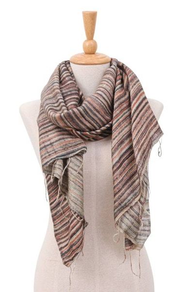 Alternate image for Batik Hand-Loomed 100 Silk Scarf with Stripes and Fringes Bold Khaki