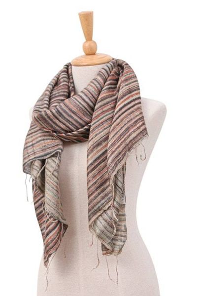 Alternate image for Batik Hand-Loomed 100 Silk Scarf with Stripes and Fringes Bold Khaki