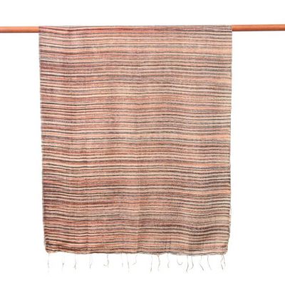 Alternate image for Batik Hand-Loomed 100 Silk Scarf with Stripes and Fringes Bold Khaki