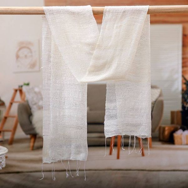 Alternate image for Thai Hand-Loomed 100 Silk Scarf with Fringes in Ecru Beige Ecru Splendor