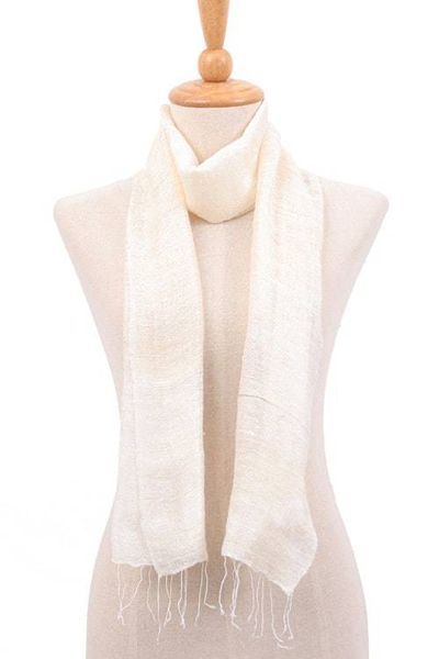 Alternate image for Thai Hand-Loomed 100 Silk Scarf with Fringes in Ecru Beige Ecru Splendor