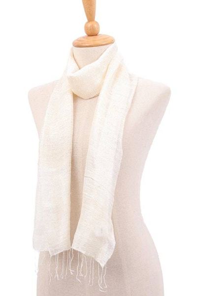 Alternate image for Thai Hand-Loomed 100 Silk Scarf with Fringes in Ecru Beige Ecru Splendor