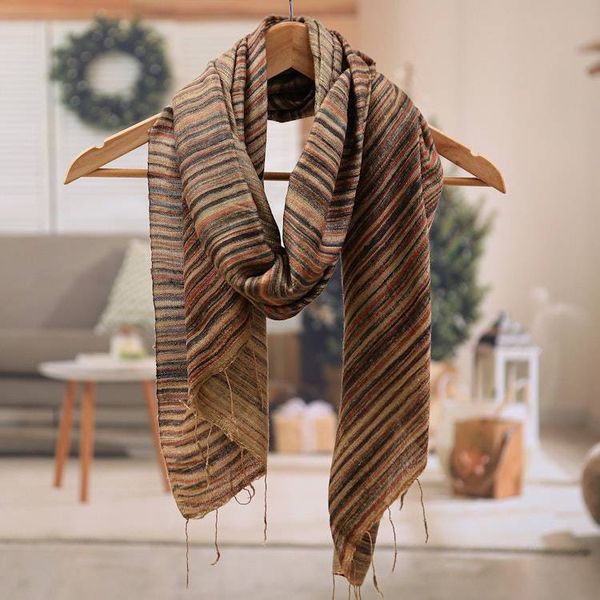 Alternate image for Batik Handwoven Striped Fringed Silk Scarf in Earthy Hues Bold Ochre