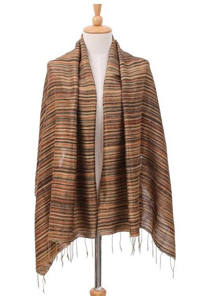 Alternate image for Batik Handwoven Striped Fringed Silk Scarf in Earthy Hues Bold Ochre