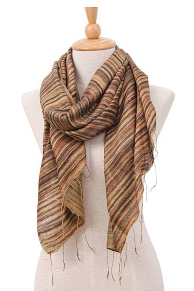 Alternate image for Batik Handwoven Striped Fringed Silk Scarf in Earthy Hues Bold Ochre