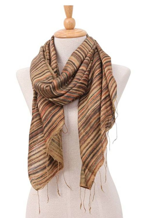 Alternate image for Batik Handwoven Striped Fringed Silk Scarf in Earthy Hues Bold Ochre