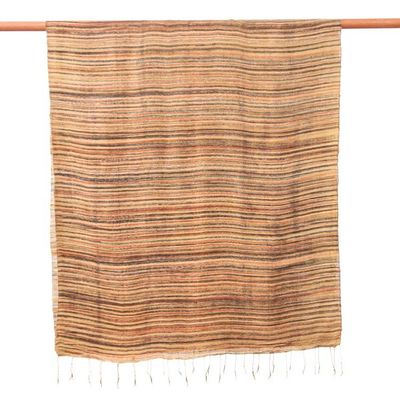 Alternate image for Batik Handwoven Striped Fringed Silk Scarf in Earthy Hues Bold Ochre