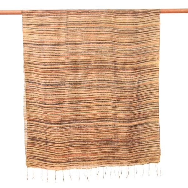 Alternate image for Batik Handwoven Striped Fringed Silk Scarf in Earthy Hues Bold Ochre