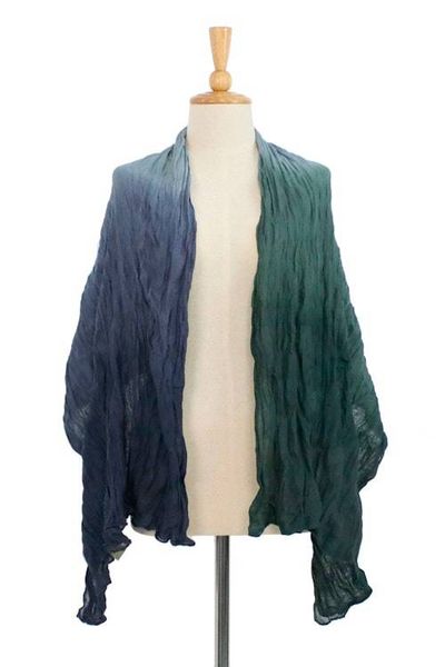 Alternate image for Hand-Spun Dyed Wrinkled Batik Cotton Scarf in Blue and Green Vibrant Glam