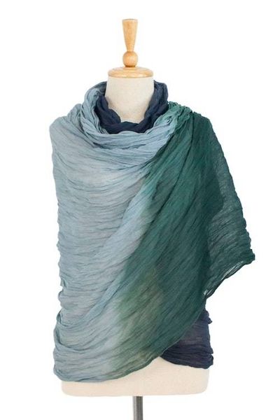 Alternate image for Hand-Spun Dyed Wrinkled Batik Cotton Scarf in Blue and Green Vibrant Glam