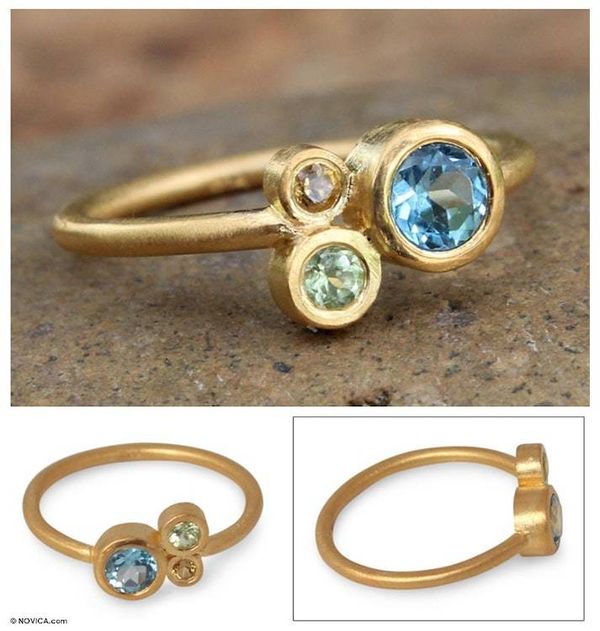 Alternate image for Gold Plated Blue Topaz and Peridot Ring Chiang Mai Majesty