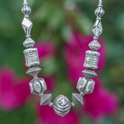 Primary image for Silver Pendant Necklace with Thai Stamped Hill Tribe Beads Striking Style