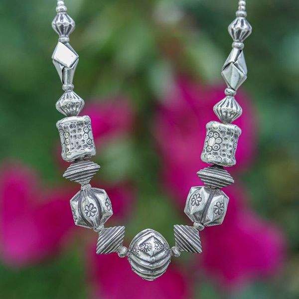 Alternate image for Silver Pendant Necklace with Thai Stamped Hill Tribe Beads Striking Style