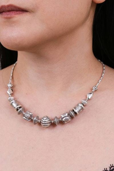 Alternate image for Silver Pendant Necklace with Thai Stamped Hill Tribe Beads Striking Style