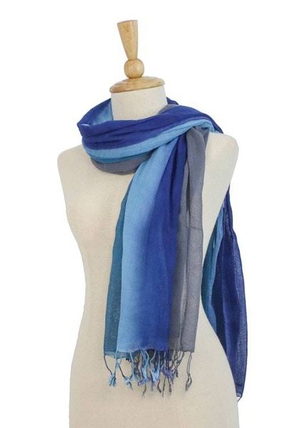Alternate image for Two Hand Spun and Dyed Grey and Blue Batik Cotton Scarves Colorful Breeze in Blue