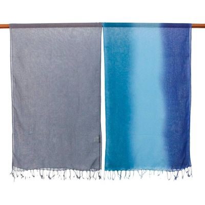 Alternate image for Two Hand Spun and Dyed Grey and Blue Batik Cotton Scarves Colorful Breeze in Blue