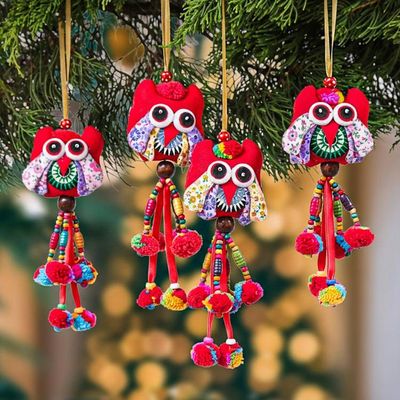 Alternate image for Red-Palette Owl-Themed 4-Piece Cotton Blend Ornament Set Fire Owls