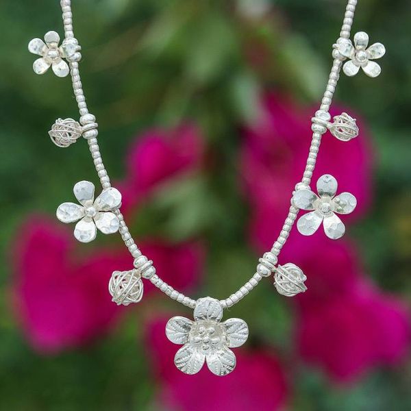 Alternate image for Floral Wire Ball-Themed Silver Beaded Charm Pendant Necklace Wisdom of Flora