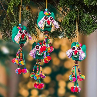 Alternate image for Green-Palette Owl-Themed 4-Piece Cotton Blend Ornament Set Lagoon Owls