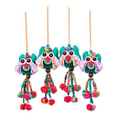 Alternate image for Green-Palette Owl-Themed 4-Piece Cotton Blend Ornament Set Lagoon Owls