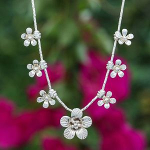 Image for Silver Beaded Charm Pendant Necklace with Floral Design 'Glorious Blossoms'