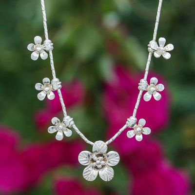 Primary image for Silver Beaded Charm Pendant Necklace with Floral Design Glorious Blossoms