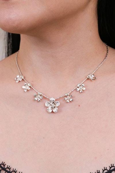 Alternate image for Silver Beaded Charm Pendant Necklace with Floral Design Glorious Blossoms