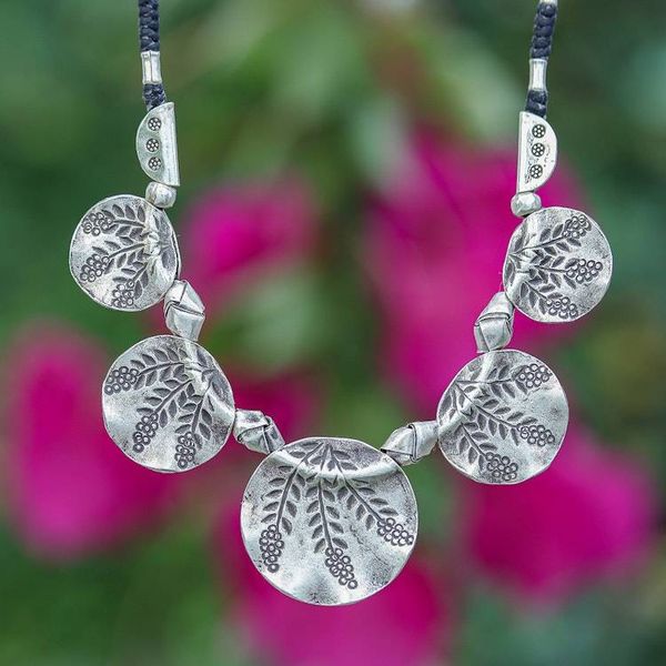 Alternate image for Hill Tribe Silver Pendant Necklace with Leaf Patterns Bold Leaves