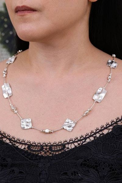 Alternate image for Thai Handmade Hammered 950 Silver Station Beaded Necklace Vestiges of Light